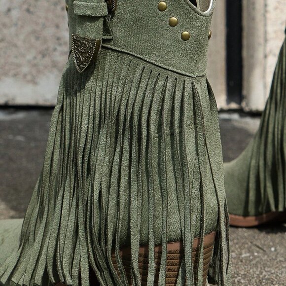 Green Vintage Women's Fringe Decor Rivet Wedge Slip-On Ankle Boots - Picture 6 of 6